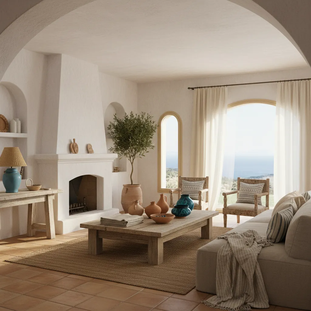 Mediterranean living room with white fireplace wooden coffee table clay pots white curtains and window