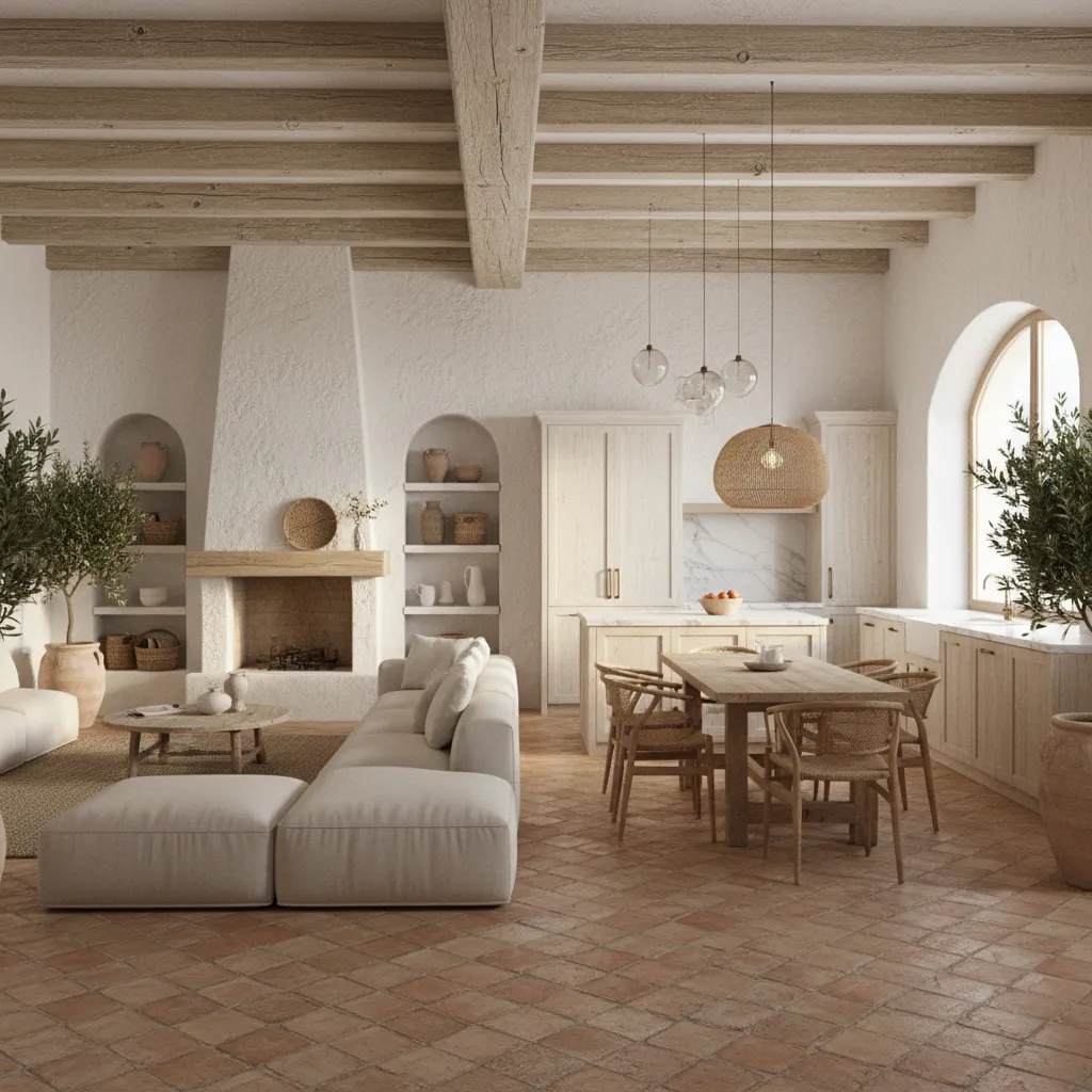 Mediterranean kitchen and living area with wooden beams, terracotta floor tiles, sofa, and dining table