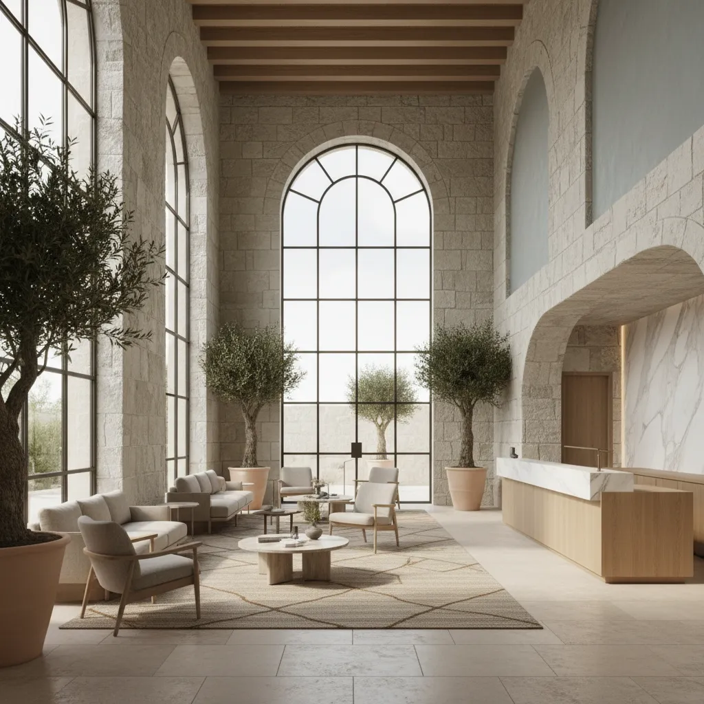 Lobby de hotel mediterráneo con materiales naturales y luz natural