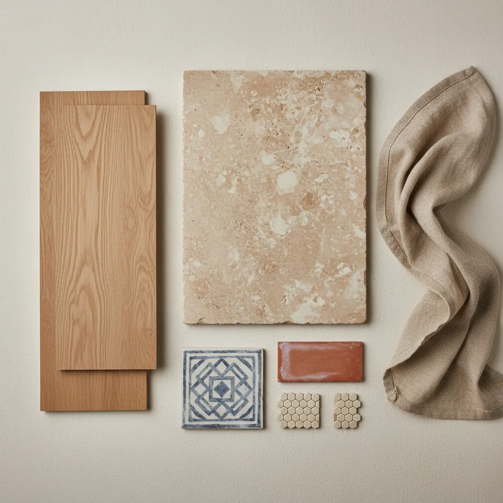 Materiales mediterráneos como piedra, madera clara y textiles naturales en interior hotelero