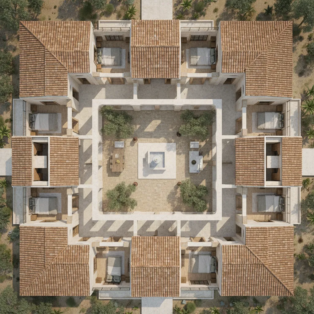 Mediterranean house layout showing courtyard and open airflow design