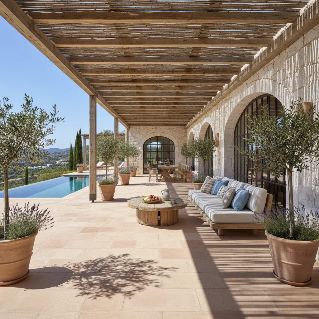 Stone patio under wooden roof with comfortable sofa round table potted plants and swimming pool