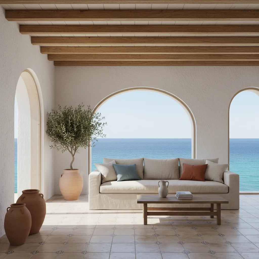 Mediterranean living room featuring beige sofa wooden ceiling beams arched windows sea view and pots