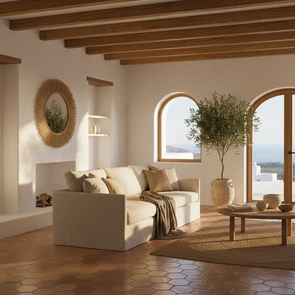 Sunny living room with beige sofa, wooden beams, round mirror, potted tree, and arched windows