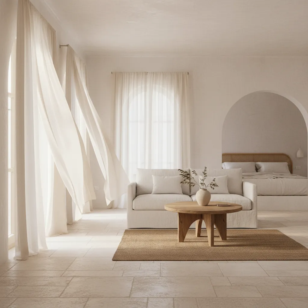 Interior mediterráneo con mucha luz natural y paredes blancas