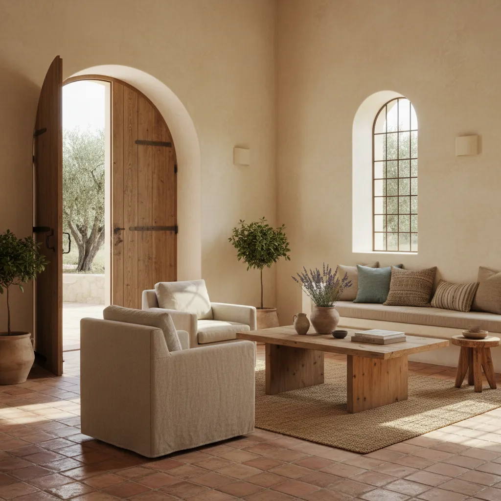Mediterranean interior with limewash textured walls and arched architecture