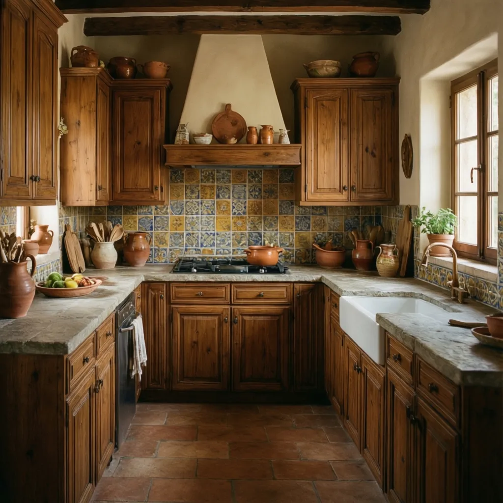 Rustic Mediterranean kitchen featuring wood cabinets yellow patterned tiles stone countertops and a white sink