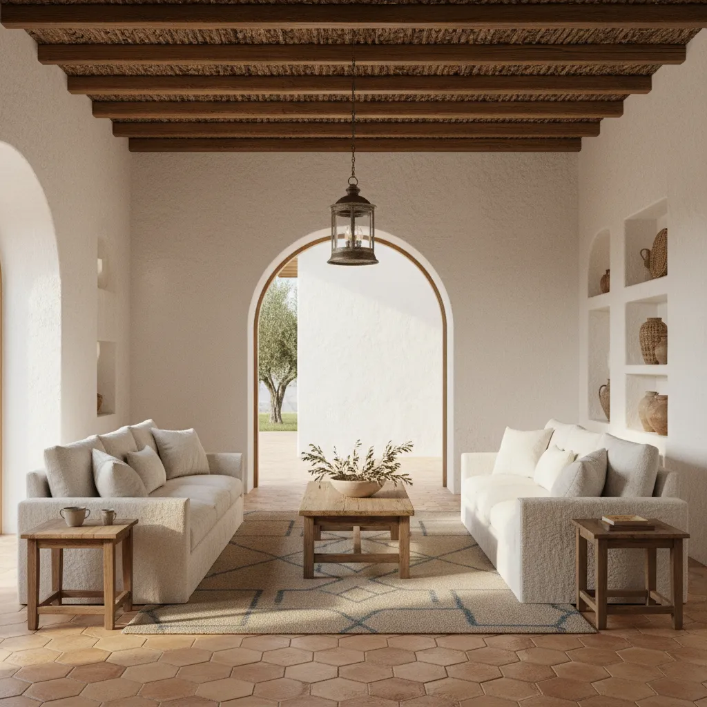 Mediterranean interior with limewash walls and arched doorway