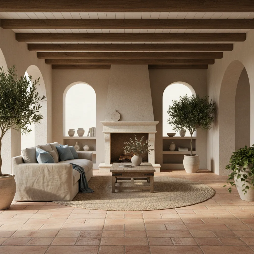 Mediterranean style living room with arches natural light and terracotta floor