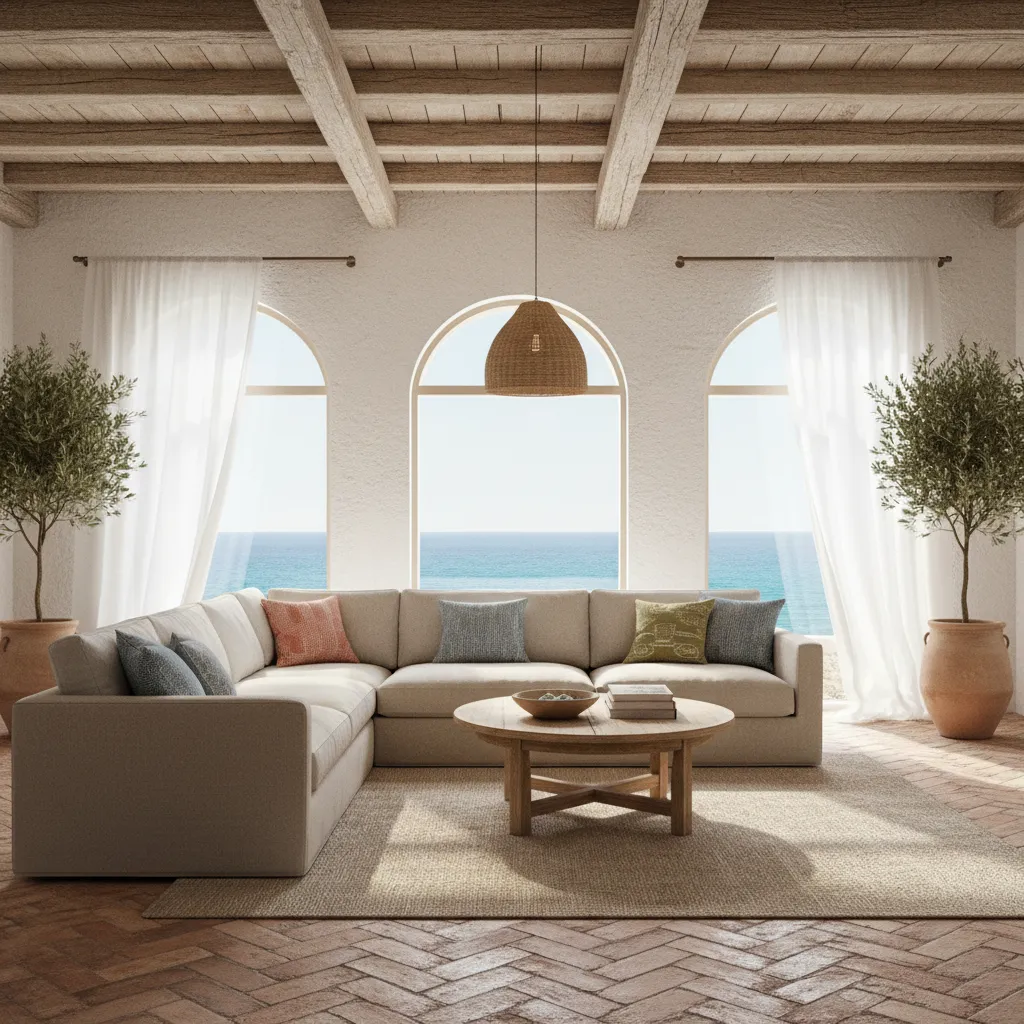Large beige sofa facing three arched windows with sea views under a wooden beamed ceiling