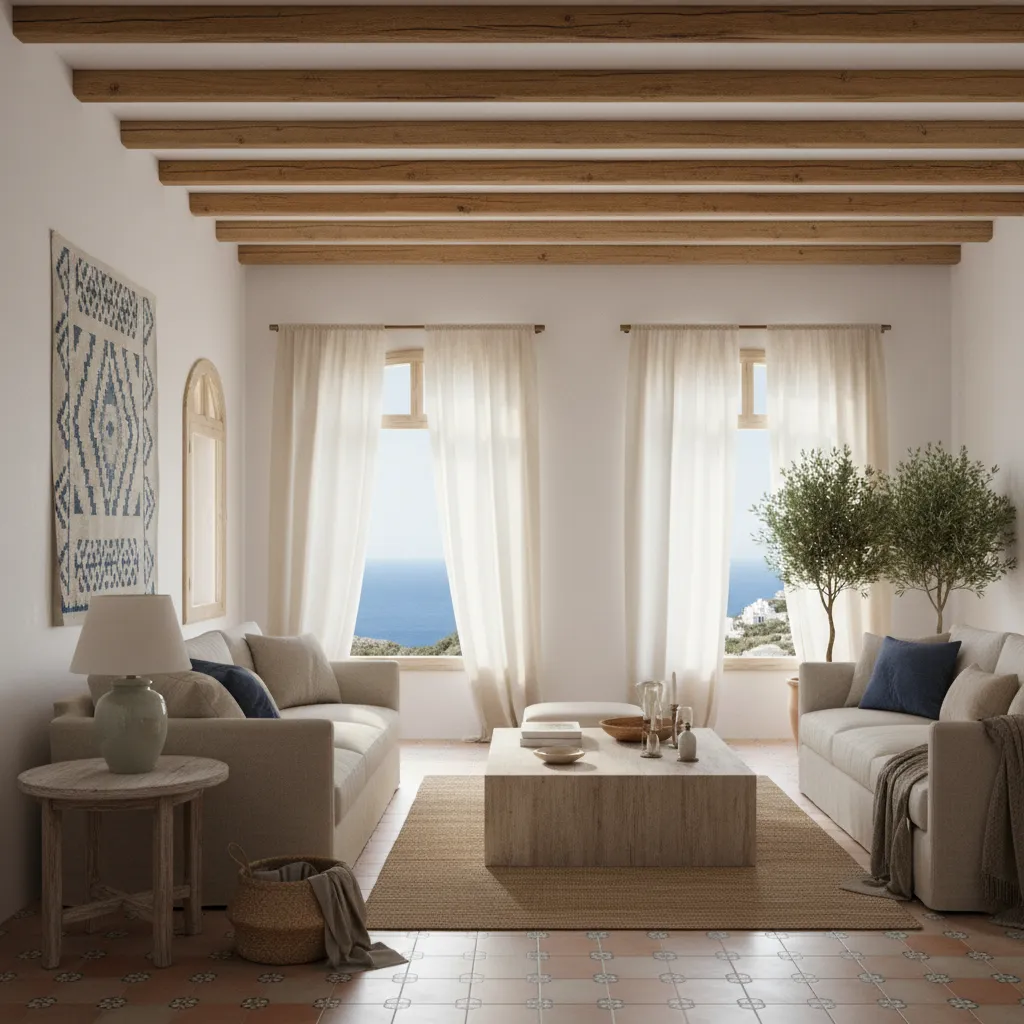 Mediterranean living room with two beige sofas wooden ceiling beams white curtains and coffee table