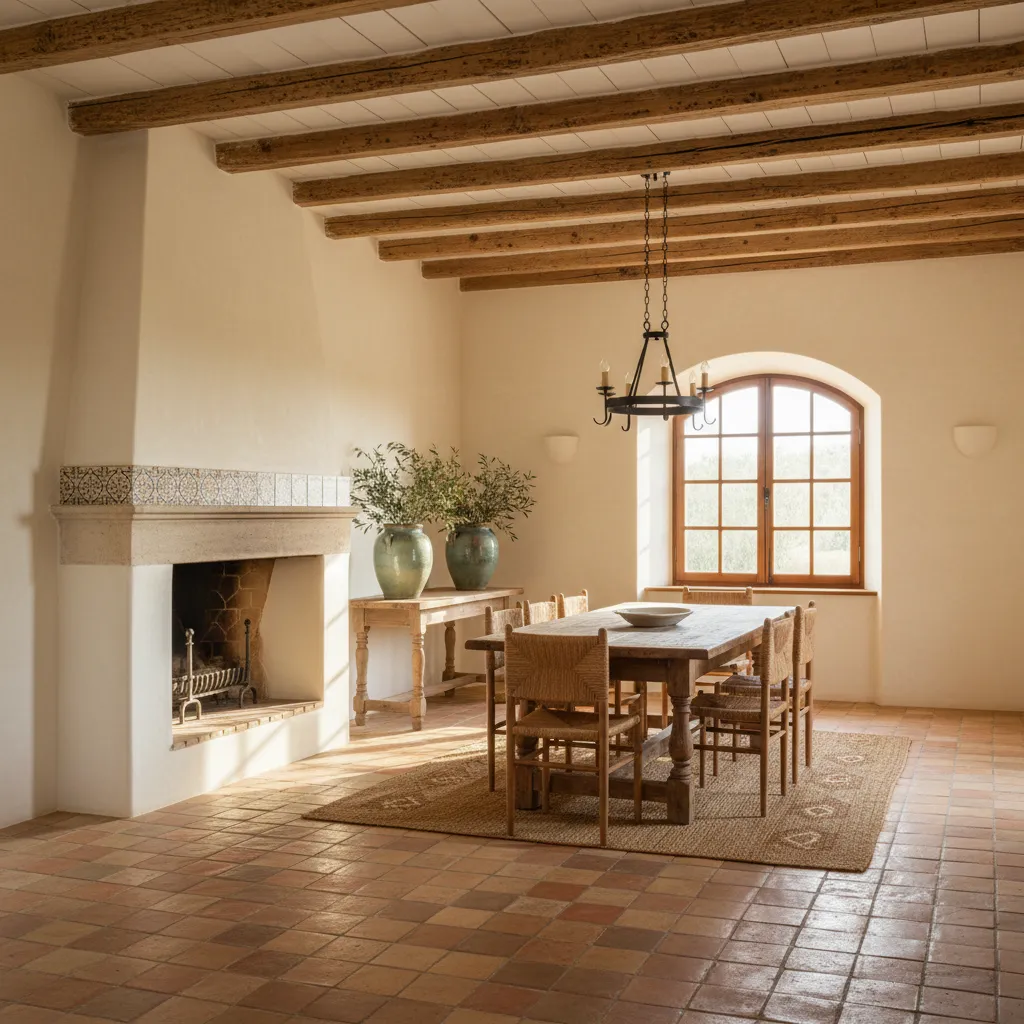 Interior mediterráneo con materiales naturales como madera y cerámica