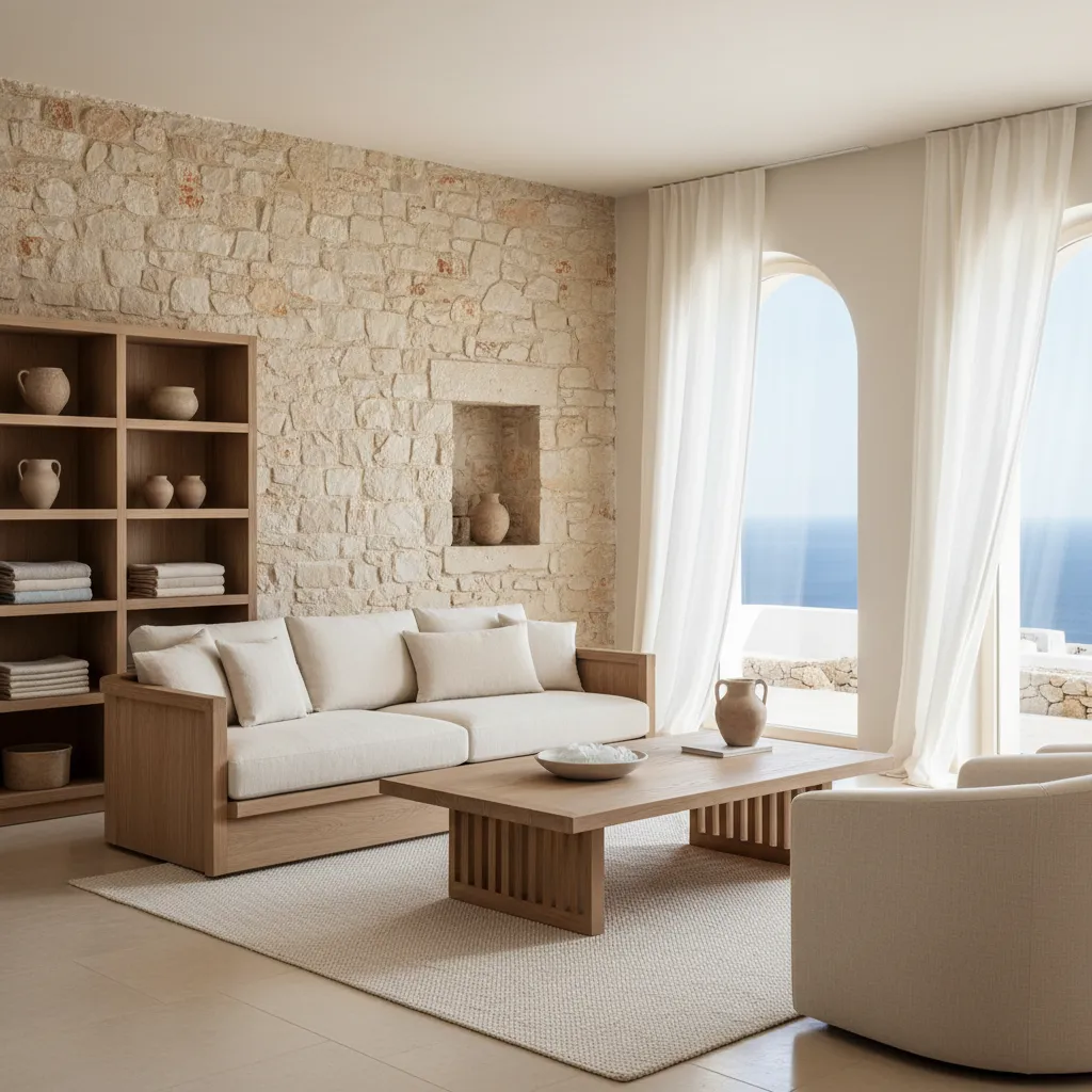 Modern living room with stone wall wooden shelf beige sofa coffee table and white curtains