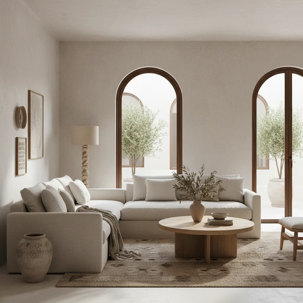 Interior mediterráneo moderno con materiales naturales