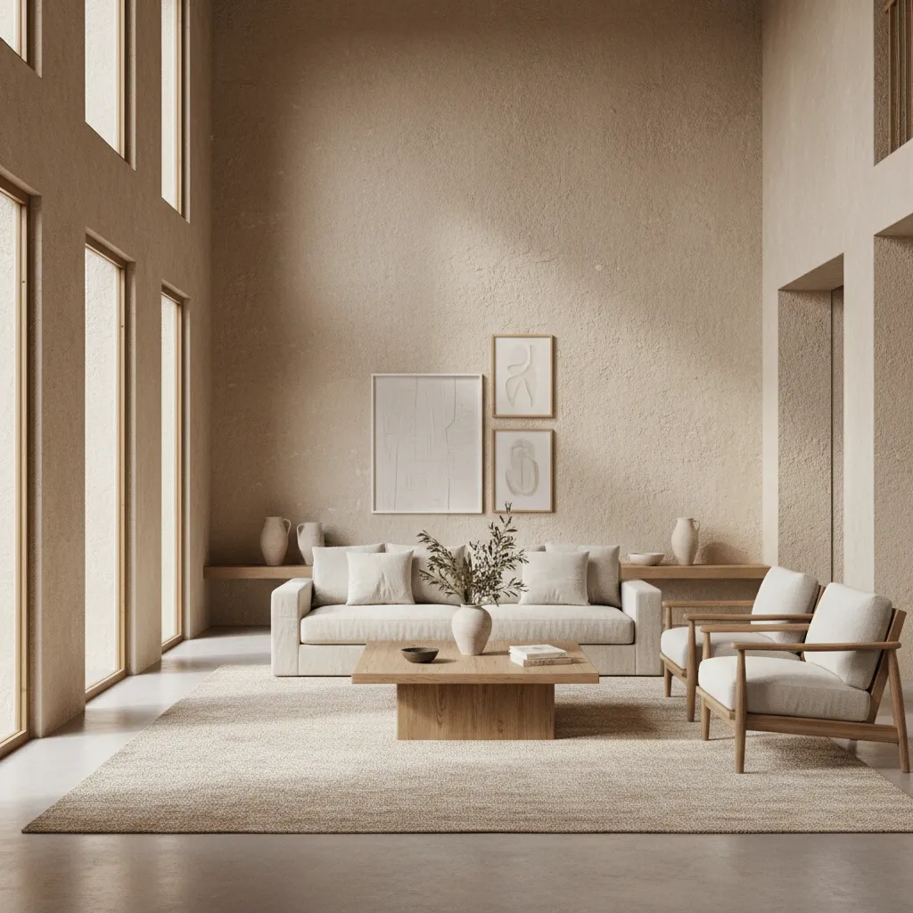 Interior mediterráneo contemporáneo con tonos claros, madera y luz natural