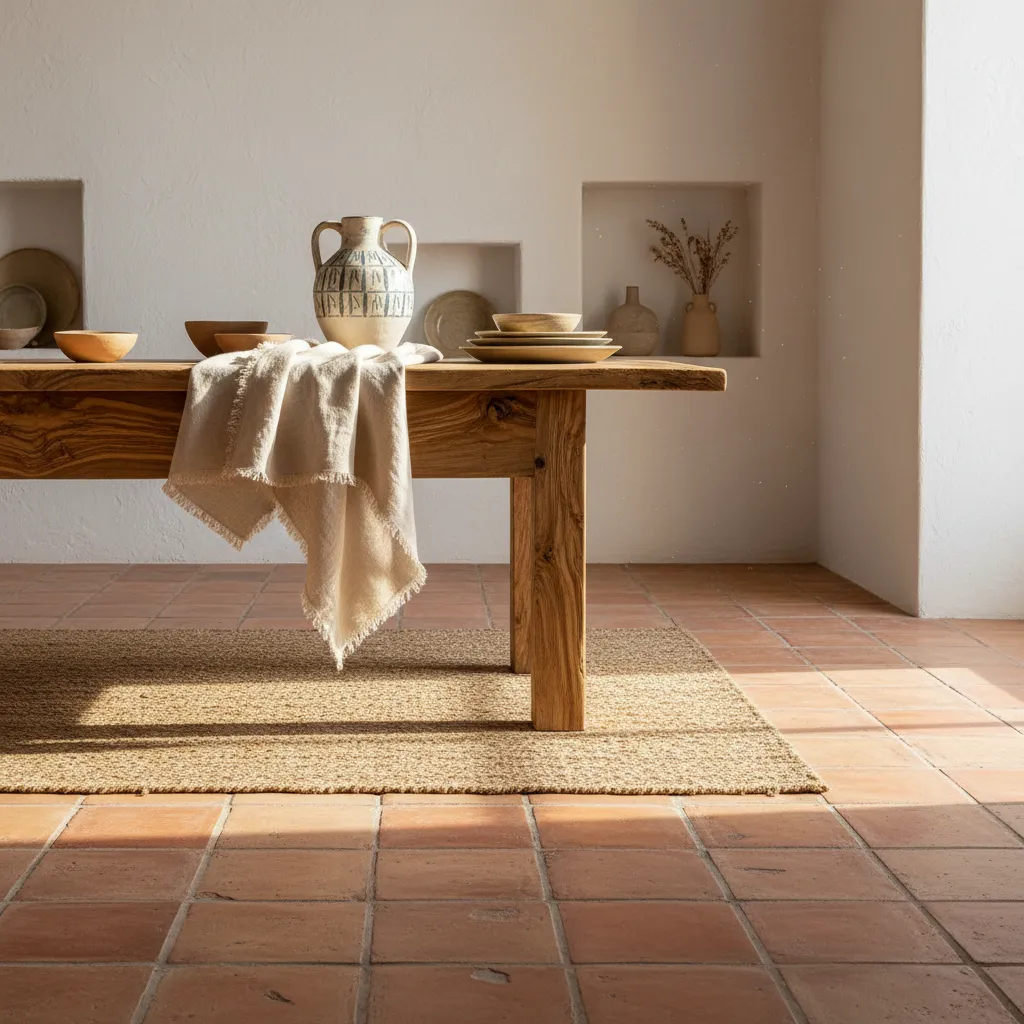 Rustic wooden dining table with pottery bowls and cloth over a rug on tiled floors