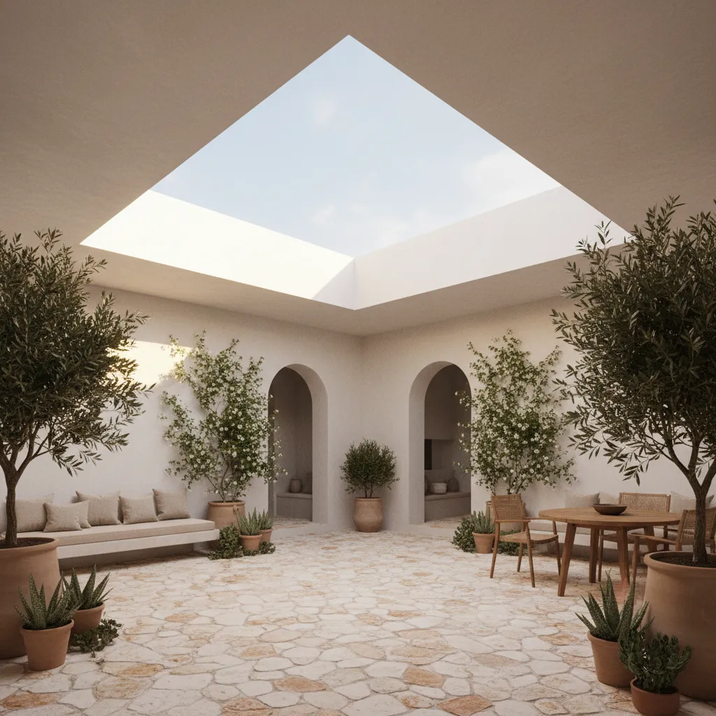 Patio interior moderno con vegetación en una vivienda mediterránea