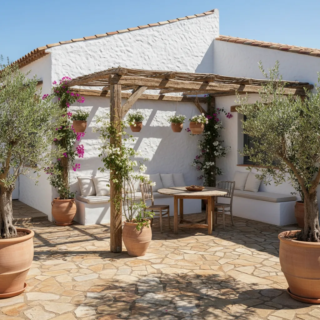 Exterior de casa prefabricada mediterránea con patio y vegetación