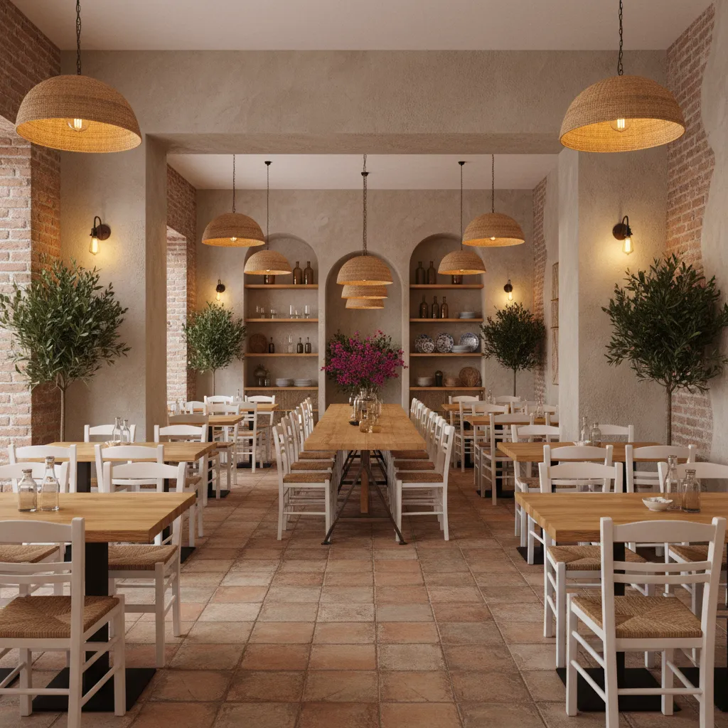 Mediterranean style restaurant dining room with wooden tables and warm lighting