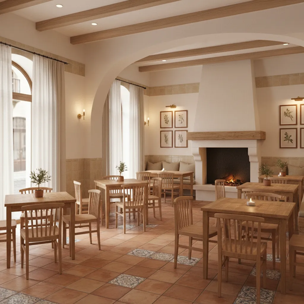 Mediterranean restaurant dining room with simple tables and warm lighting