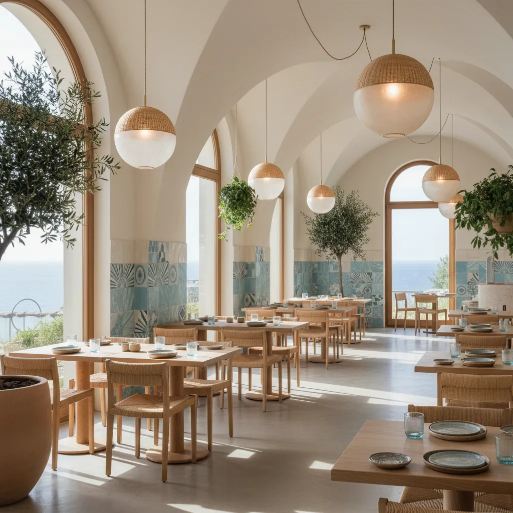 Restaurante con diseño mediterráneo moderno y materiales naturales