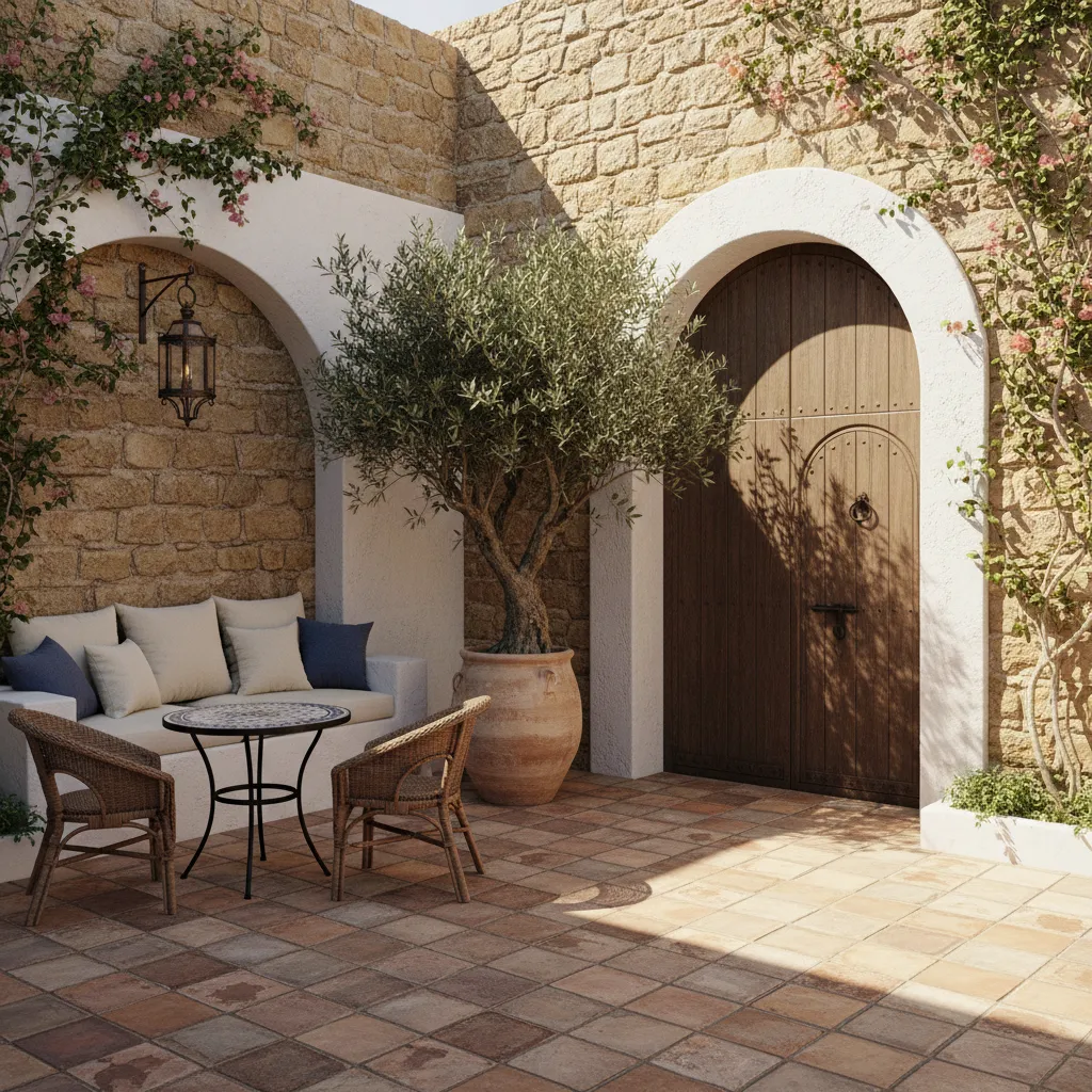 Small Mediterranean patio with stone wall plants and terracotta floor