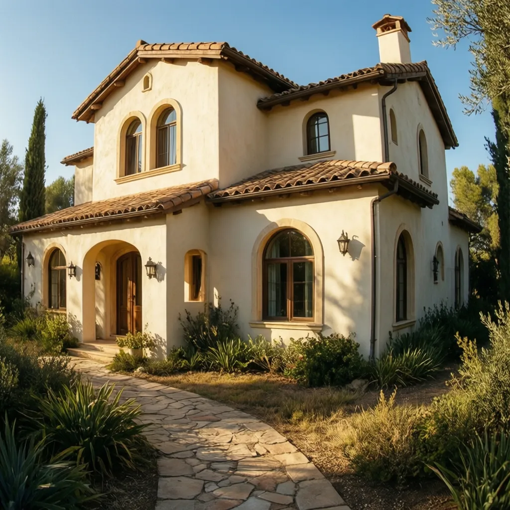 mediterranean style house with ivory stucco and clay tile roof
