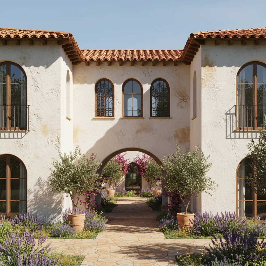 Mediterranean courtyard with arched entrance stone path purple flowers and white walls under blue sky