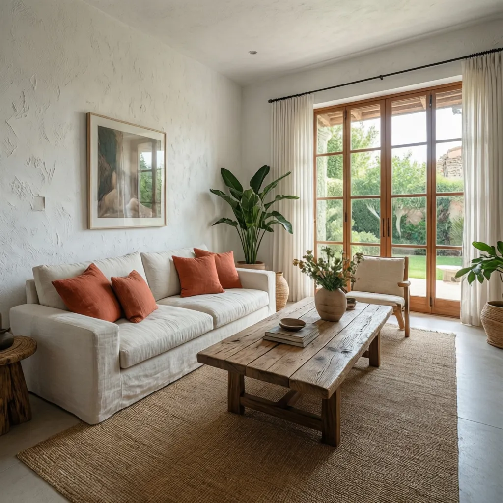 Salón mediterráneo moderno con paredes claras y luz natural