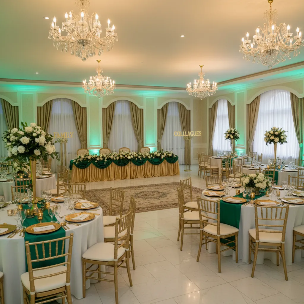 Medium sized banquet hall layout with emerald decor zones and lighting