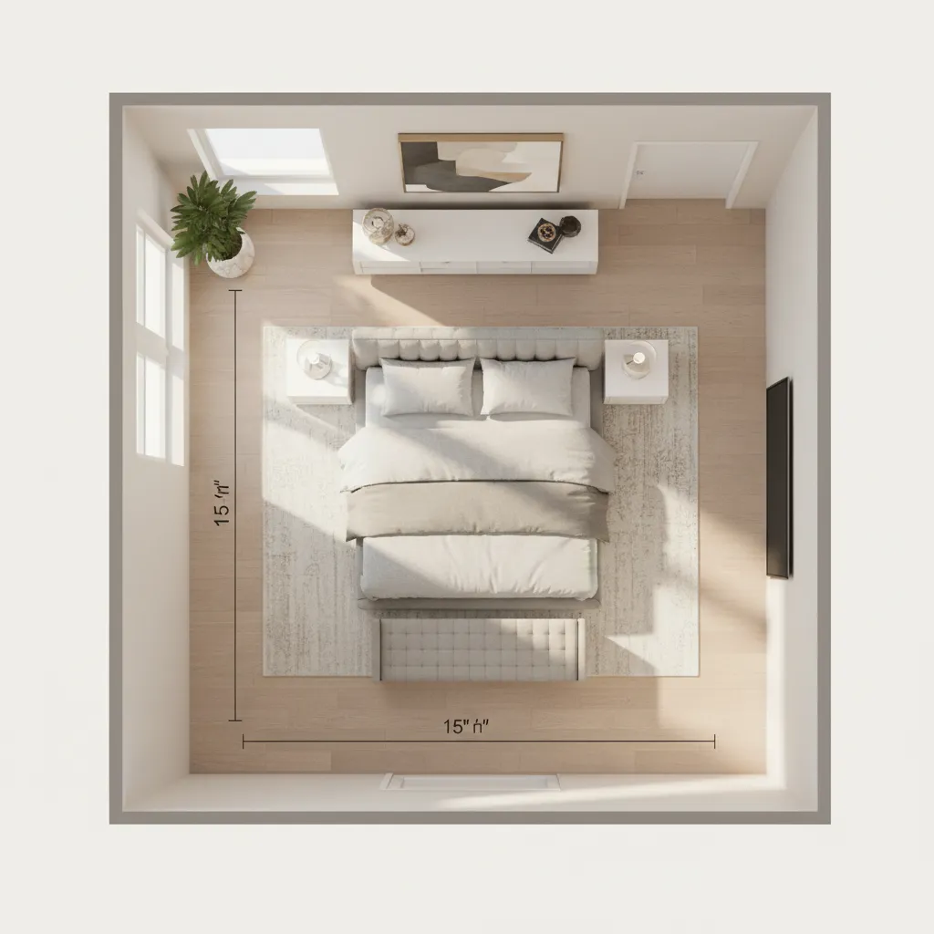medium bedroom showing bed size proportions in a 15x11 layout