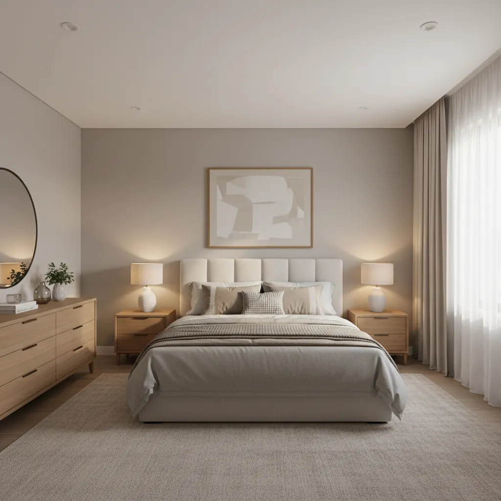 Example layout of a medium size 15x11 bedroom with balanced spacing