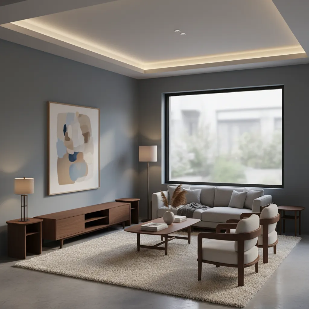 Medium blue and warm brown balanced living room palette