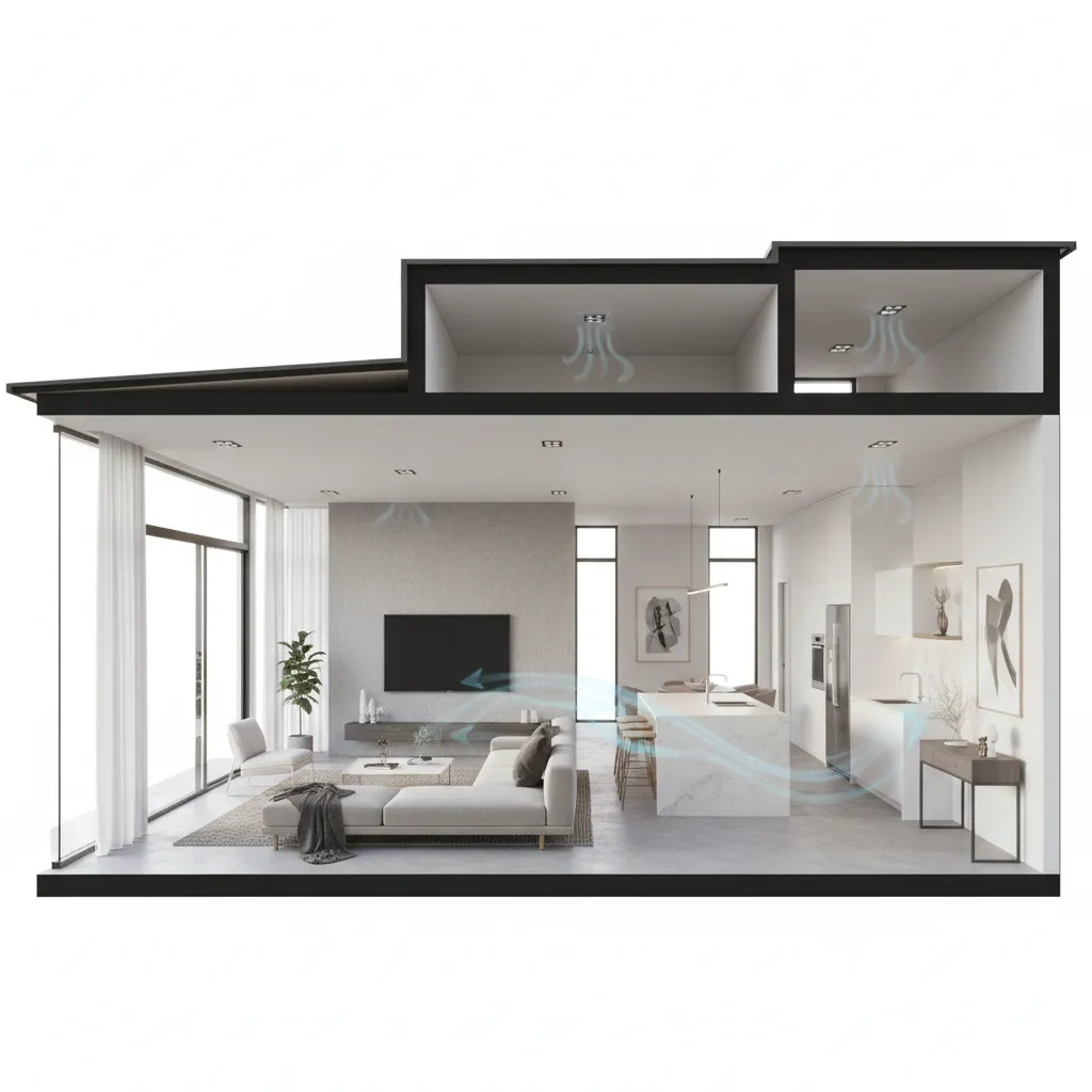 Interior of a medium size home showing airflow and cooling distribution