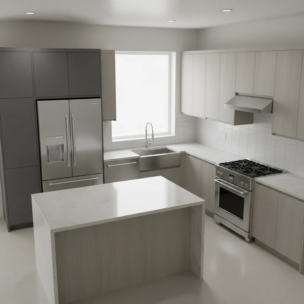 215 sq ft kitchen layout showing refrigerator sink and range positions