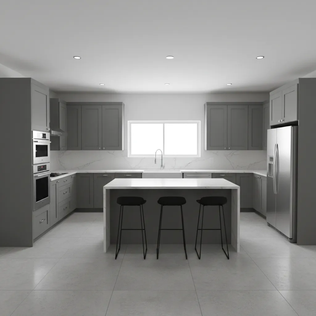 modern 215 sq ft kitchen with L shaped layout and open floor area
