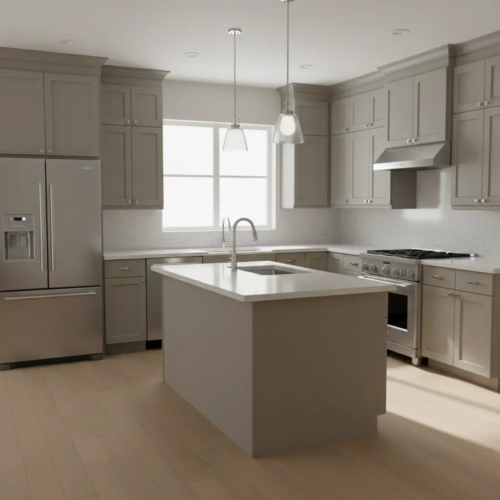 Modern medium kitchen layout with balanced cabinetry and central island
