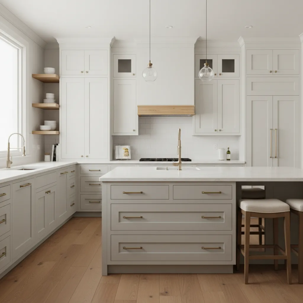 organized mid size kitchen showing vertical cabinets and efficient storage layout