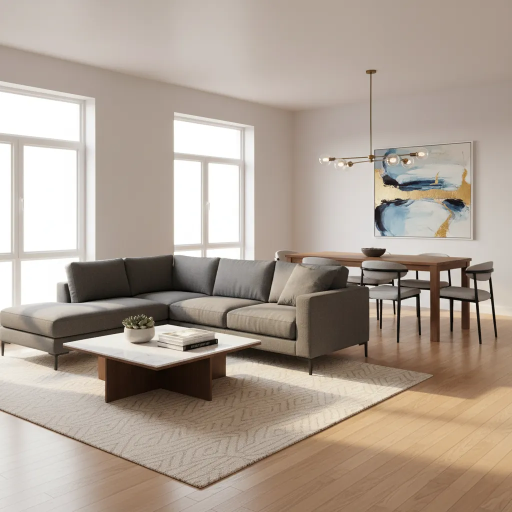 Medium living dining room layout with rug defining sofa area and dining table behind