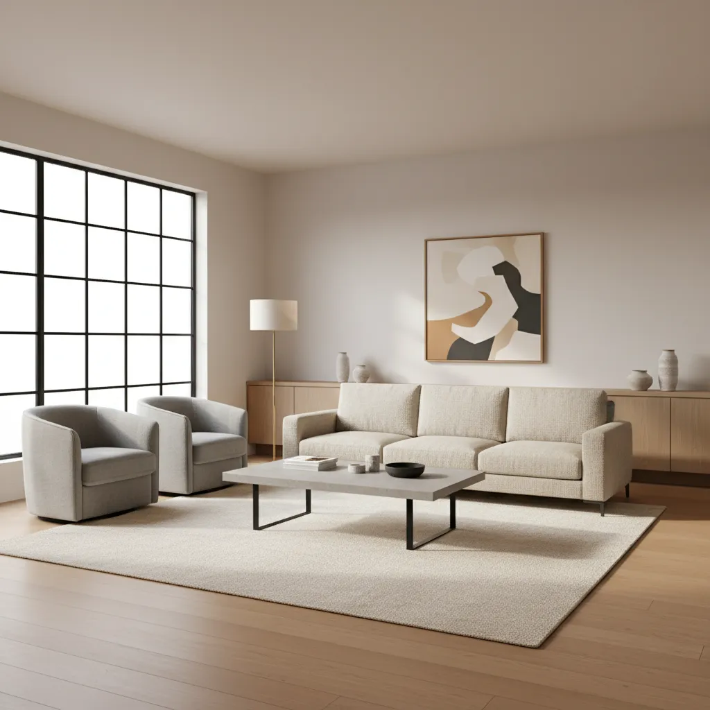 Medium living room layout with sofa and chairs positioned on a 6x9 rug