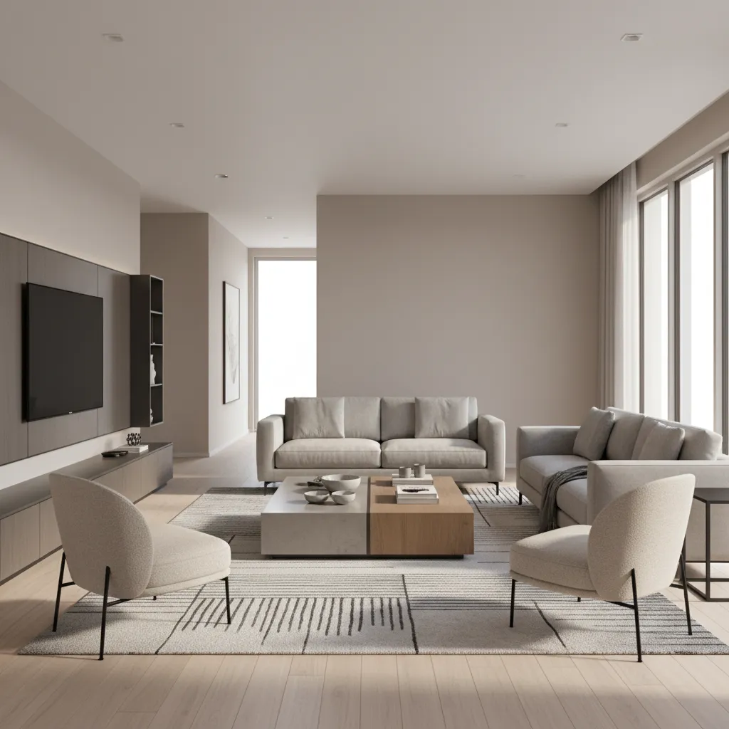 Balanced layout example of a 16 x 13 living room with sofa, chairs and clear walking path