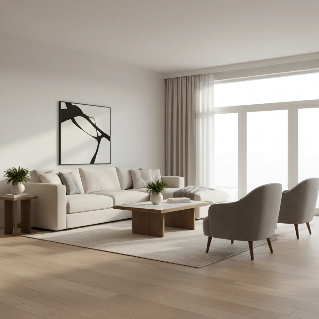 medium size rectangular living room with sofa and two chairs arranged for conversation