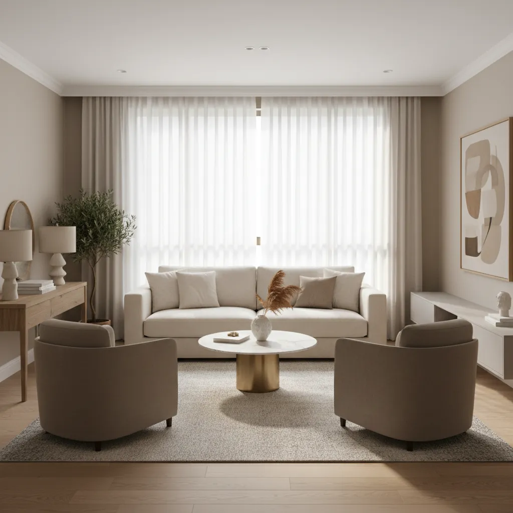 well balanced medium living room layout with sofa chairs rug and coffee table