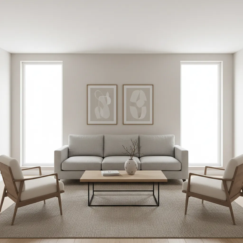 Medium living room layout showing sofa coffee table and chairs balanced in a 16 x 17 space