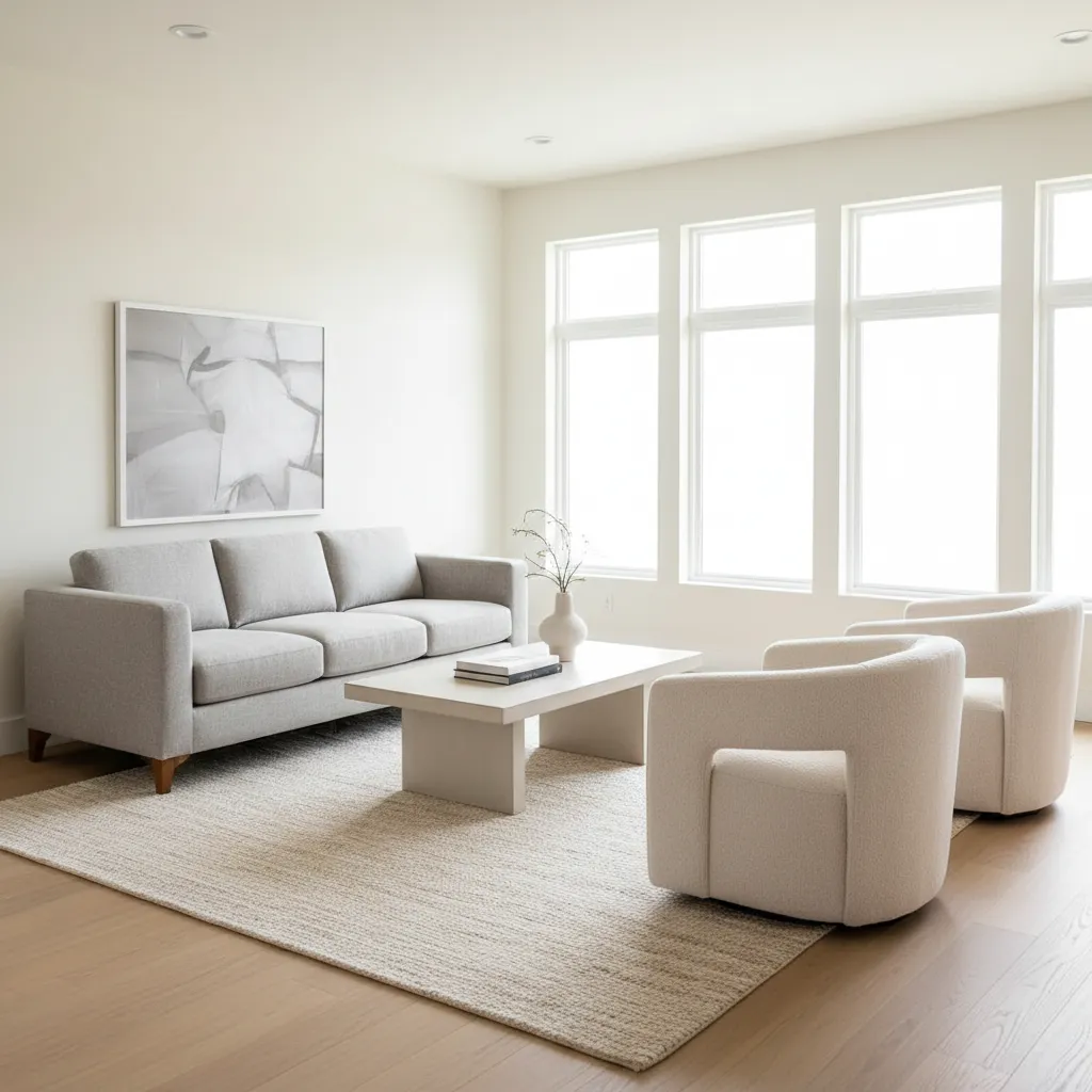 Balanced medium size living room layout with sofa chairs and rug defining seating zone