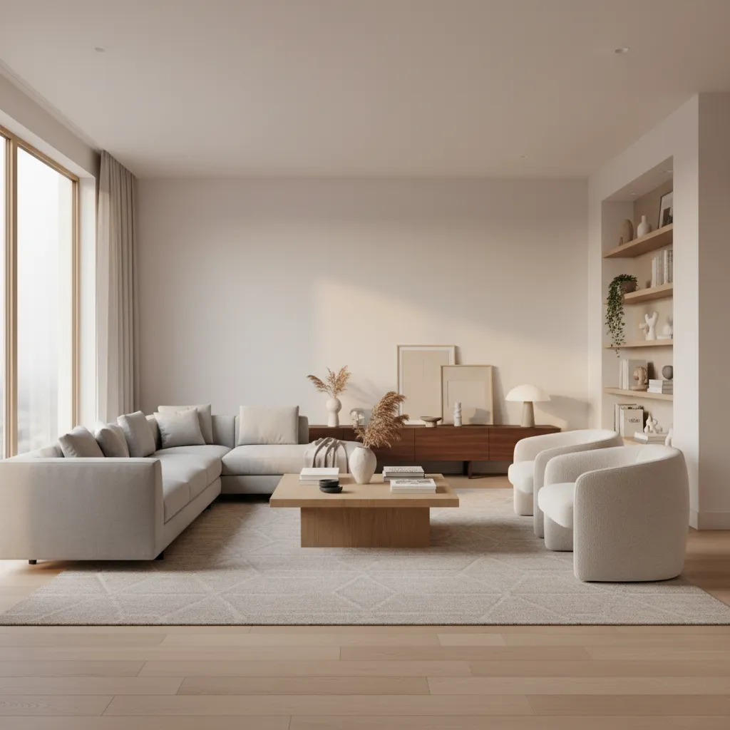 Modern living room with grey sofa, wooden coffee table, white armchairs, rug, and wall shelves