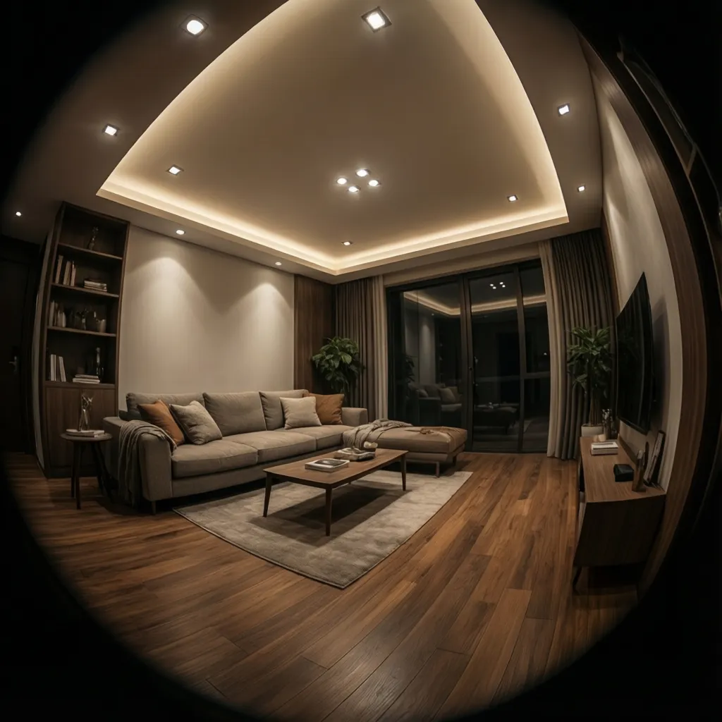 180 sq ft living room showing layered lighting with recessed lights and ceiling cove
