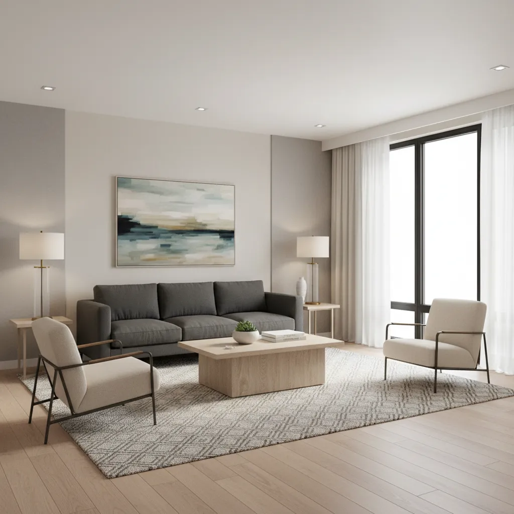 rectangular medium living room layout with sofa chairs and coffee table