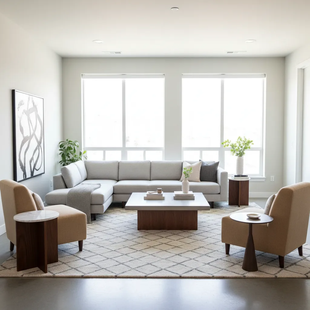 Example of proper rug size under furniture in a medium living room