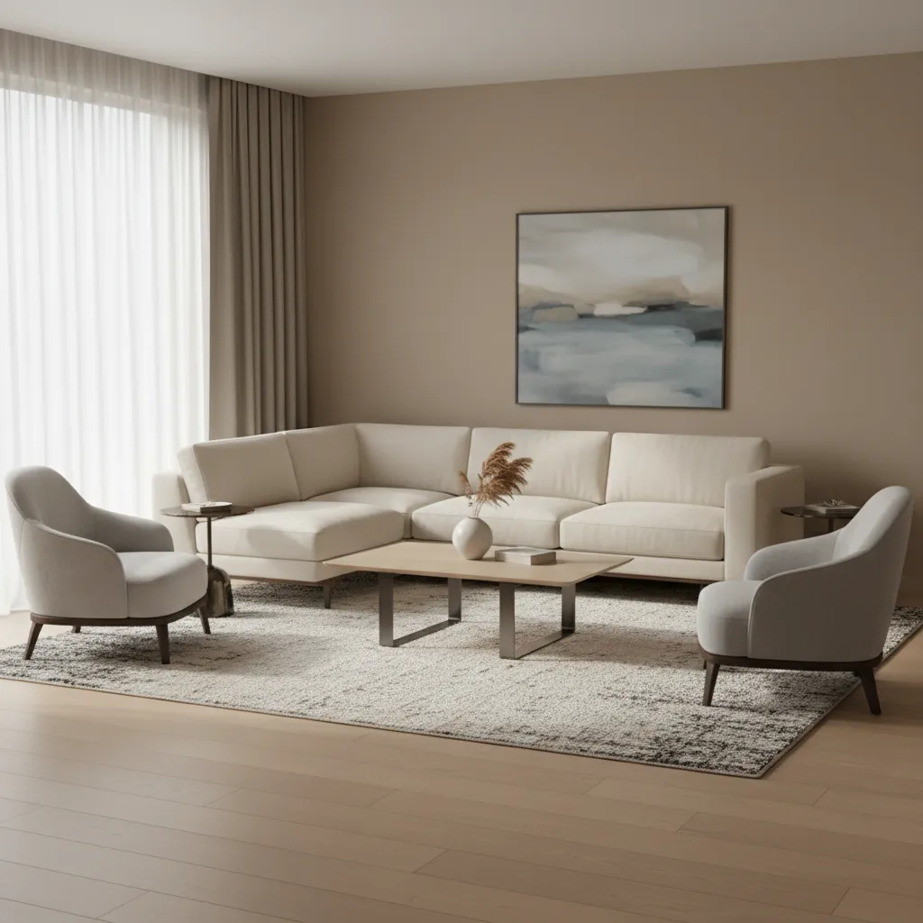 Modern living room with beige sofa two armchairs wooden coffee table large rug and art